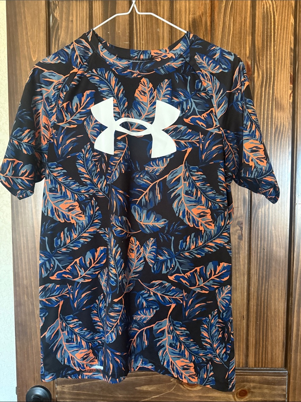 Under Armour Black Short Sleeve Tee with Blue & Orange Leaf Print